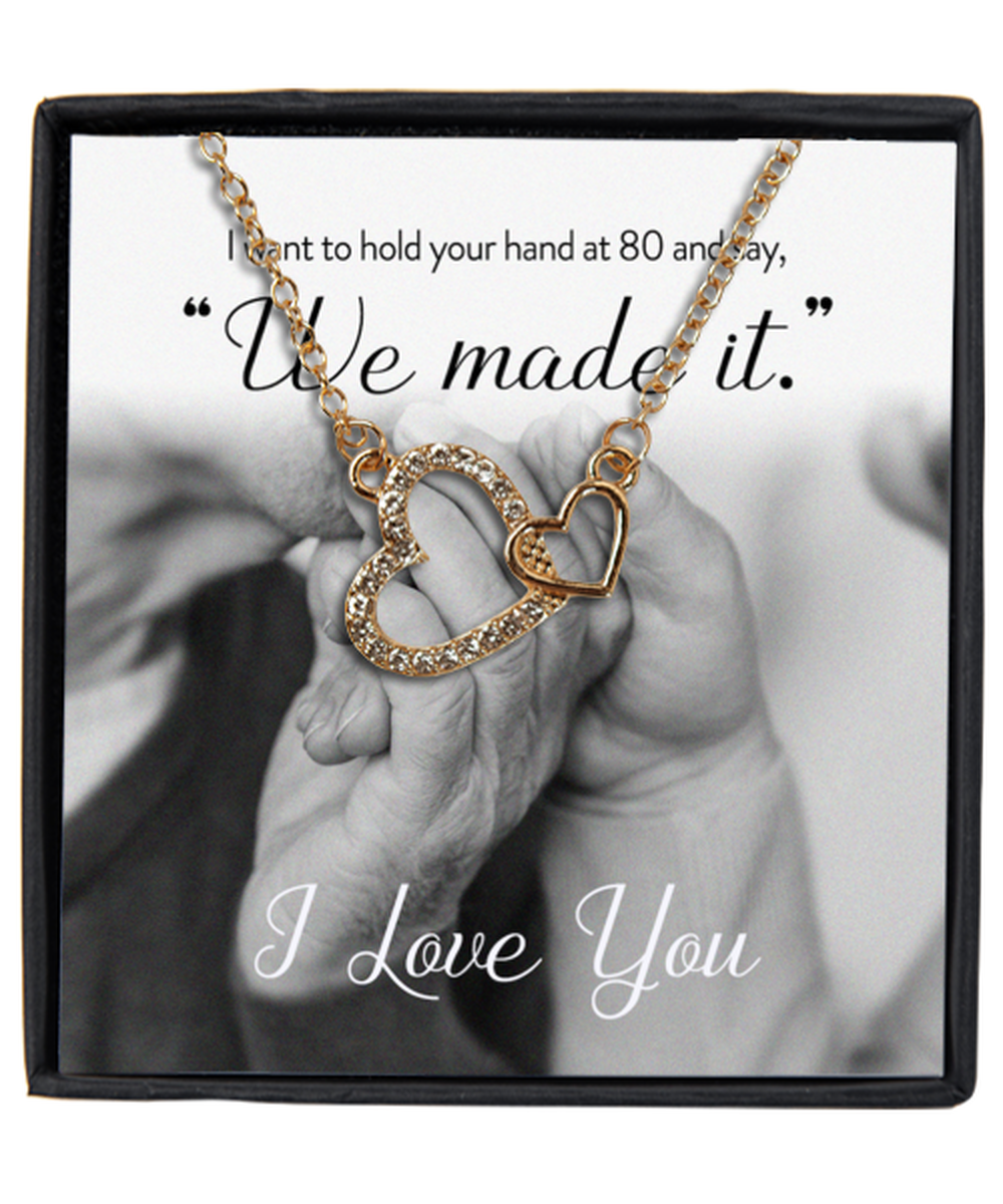 Valentine's Day Gifts For Her, Wife, Fiance, Girlfriend, Women | Luxury Gold-Plated Heart Necklace | Message Card "I Want To Hold Your Hand At 80..We Made It"